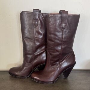 KORS Michael Kors Dark Brown Leather Mid Calf Heeled Boots Pull On Women’s Sz 6M